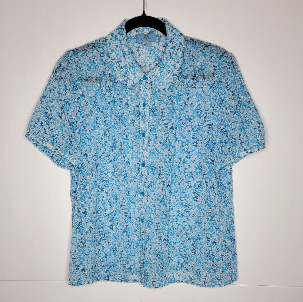 CeCe Blue Floral Button Front Blouse Size M
